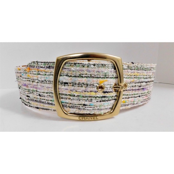 New Chanel 44 Italy Multi Boucle Tweed Large Buckle Wide Belt sz 34-36 inches